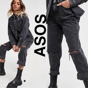 ASOS DESING PETITE HIGH RISE SLOUCHY’ MOM JEANS IN WASHED BLACK WITH RIPS